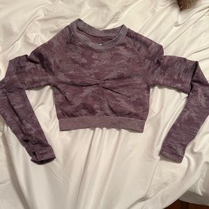 Purple camo long sleeve Workout Top with thumb holes